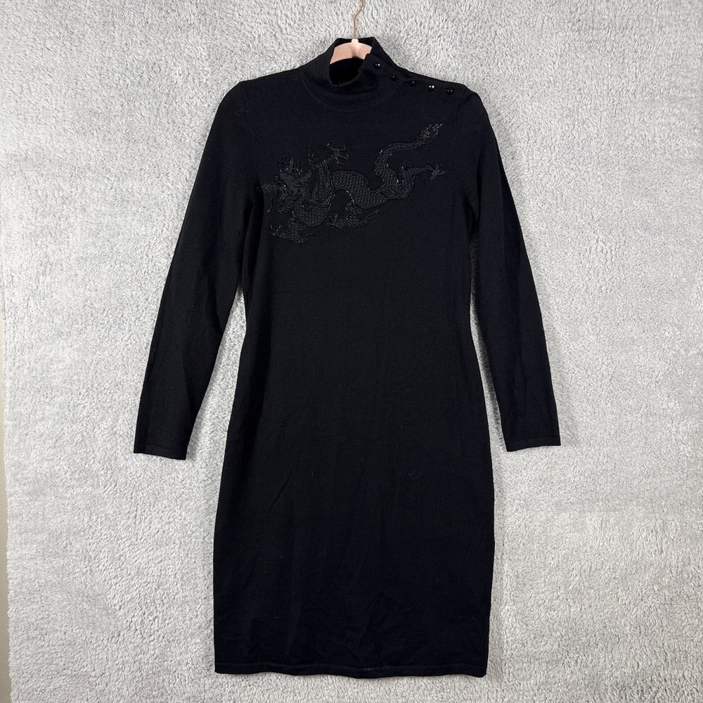 LRL Merino Wool Knit Beaded Sequin Dragon Mock Neck Sweater Dress Sz M Black Y2K